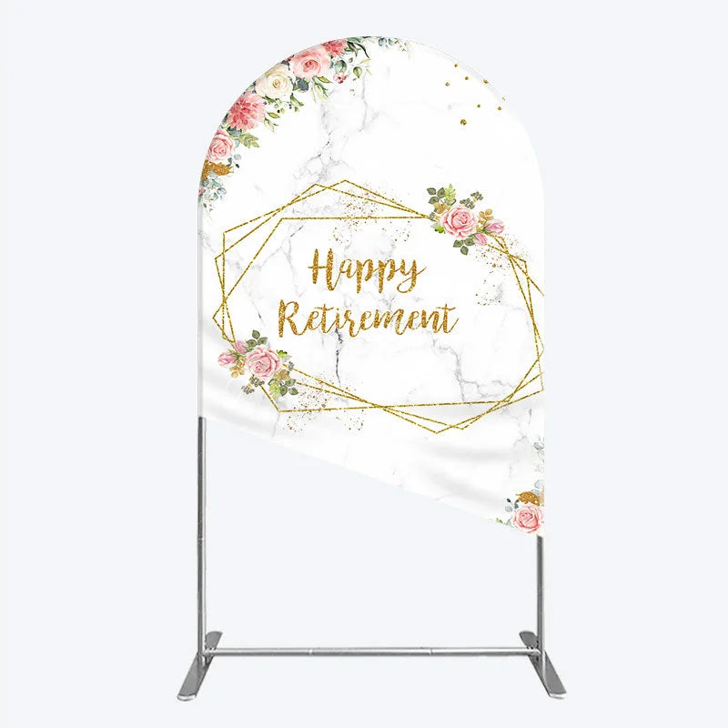Aperturee - Aperturee Happy Retirement Arch Backdrop with Pink Floral and Gold Frame Elegant Marble Party Photo Booth Decor for Women