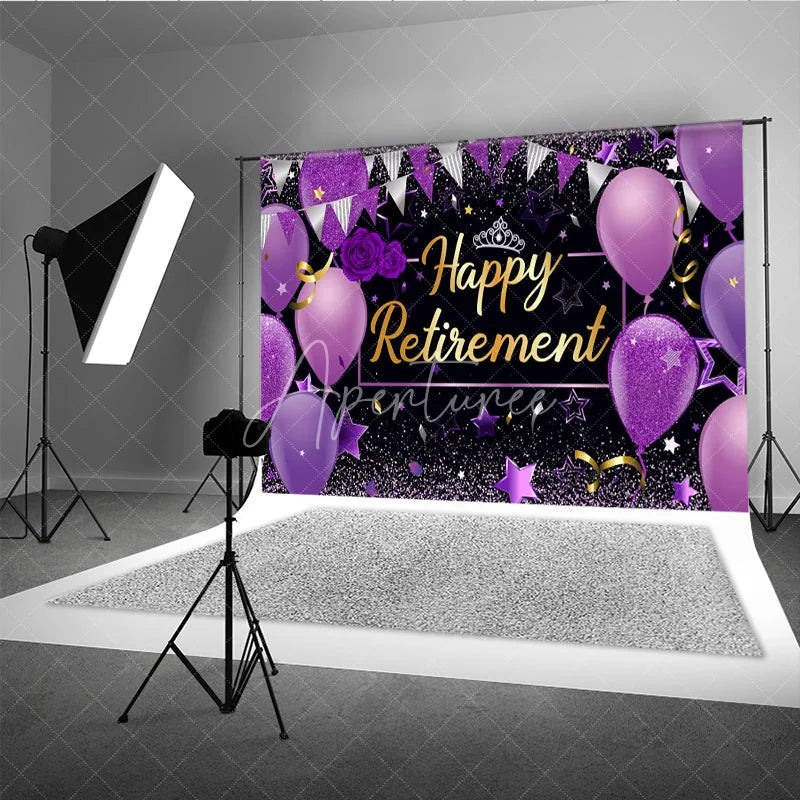 Aperturee - Aperturee Happy Retirement Backdrop for Women Purple and Black with Balloons and Glitter Elegant Farewell Party Decor