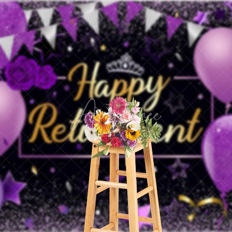 Aperturee - Aperturee Happy Retirement Backdrop for Women Purple and Black with Balloons and Glitter Elegant Farewell Party Decor
