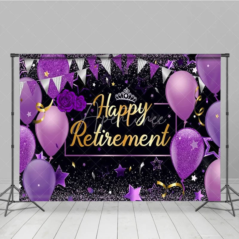Aperturee - Aperturee Happy Retirement Backdrop for Women Purple and Black with Balloons and Glitter Elegant Farewell Party Decor