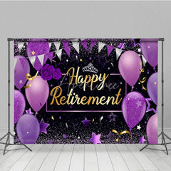 Aperturee - Aperturee Happy Retirement Backdrop for Women Purple and Black with Balloons and Glitter Elegant Farewell Party Decor