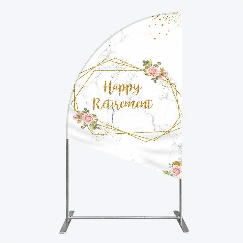 Aperturee - Aperturee Happy Retirement Half Moon Arch Backdrop with Pink Floral and Gold Frame Elegant Marble Party Photo Booth Decor