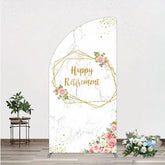 Aperturee - Aperturee Happy Retirement Half Moon Arch Backdrop with Pink Floral and Gold Frame Elegant Marble Party Photo Booth Decor