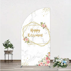 Aperturee - Aperturee Happy Retirement Half Moon Arch Backdrop with Pink Floral and Gold Frame Elegant Marble Party Photo Booth Decor