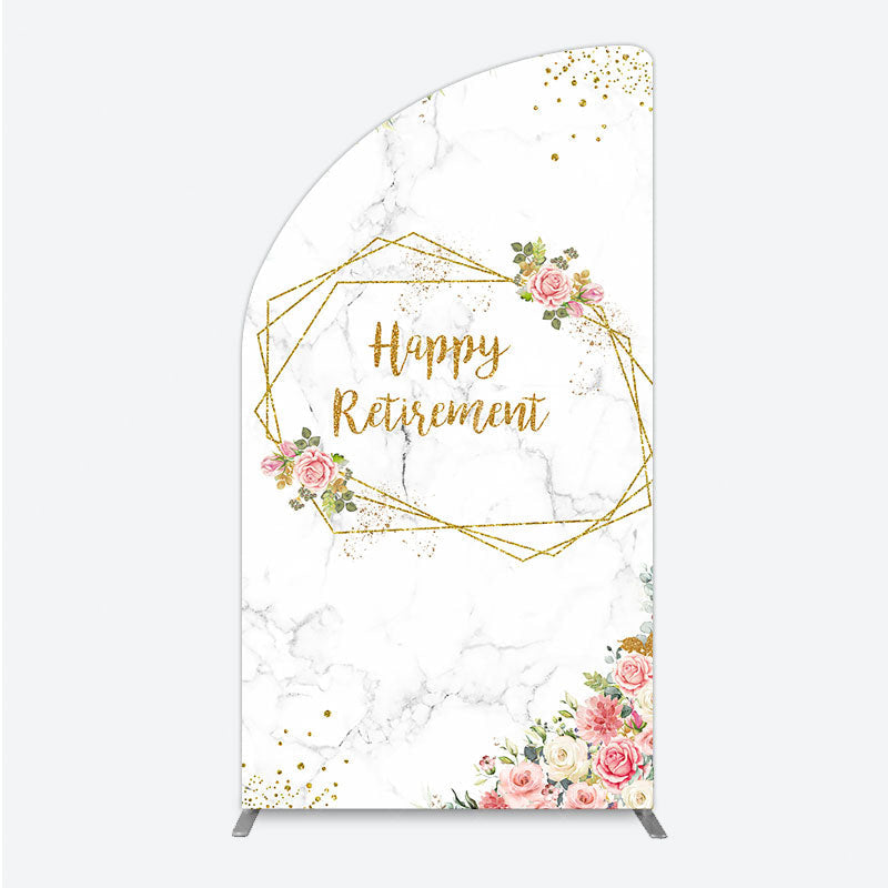 Aperturee - Aperturee Happy Retirement Half Moon Arch Backdrop with Pink Floral and Gold Frame Elegant Marble Party Photo Booth Decor