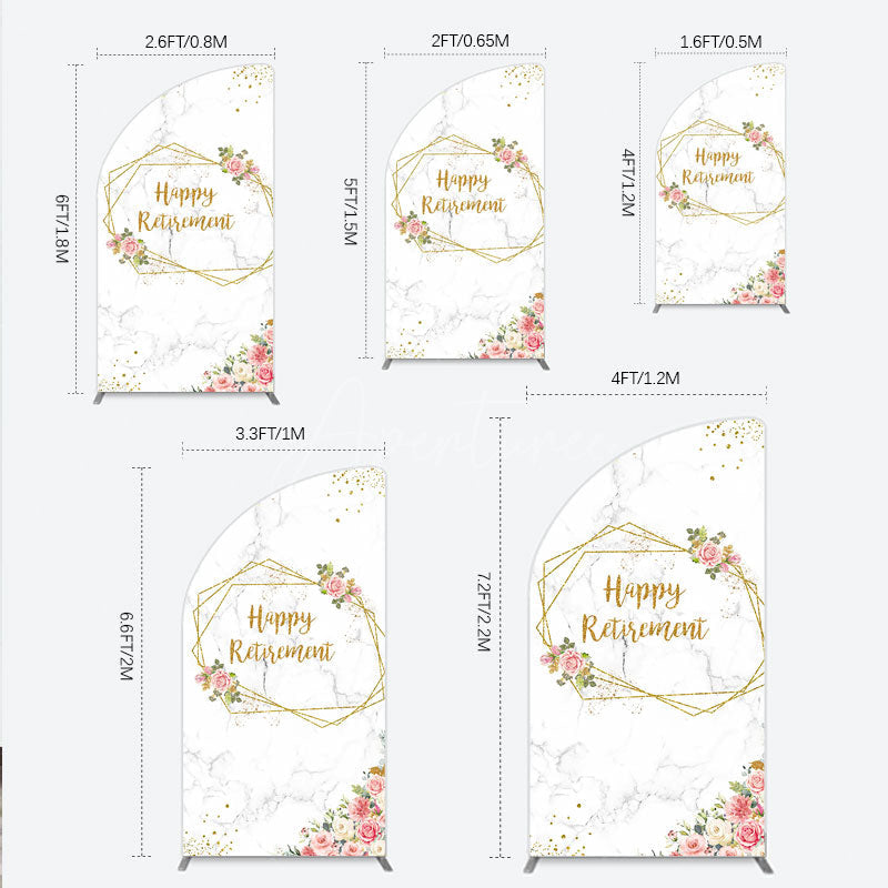 Aperturee - Aperturee Happy Retirement Half Moon Arch Backdrop with Pink Floral and Gold Frame Elegant Marble Party Photo Booth Decor