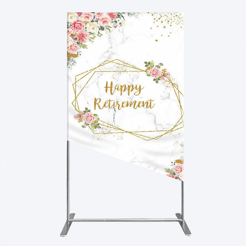 Aperturee - Aperturee Happy Retirement Rectangle Backdrop with Pink Floral and Gold Frame Elegant Marble Party Photo Booth Decor for Women