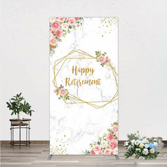 Aperturee - Aperturee Happy Retirement Rectangle Backdrop with Pink Floral and Gold Frame Elegant Marble Party Photo Booth Decor for Women