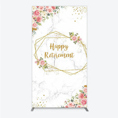 Aperturee - Aperturee Happy Retirement Rectangle Backdrop with Pink Floral and Gold Frame Elegant Marble Party Photo Booth Decor for Women
