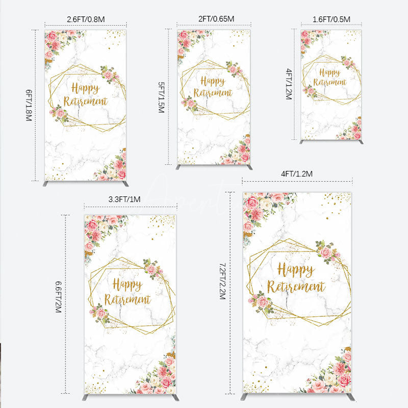 Aperturee - Aperturee Happy Retirement Rectangle Backdrop with Pink Floral and Gold Frame Elegant Marble Party Photo Booth Decor for Women