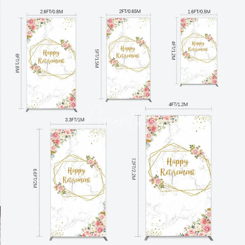 Aperturee - Aperturee Happy Retirement Rectangle Backdrop with Pink Floral and Gold Frame Elegant Marble Party Photo Booth Decor for Women