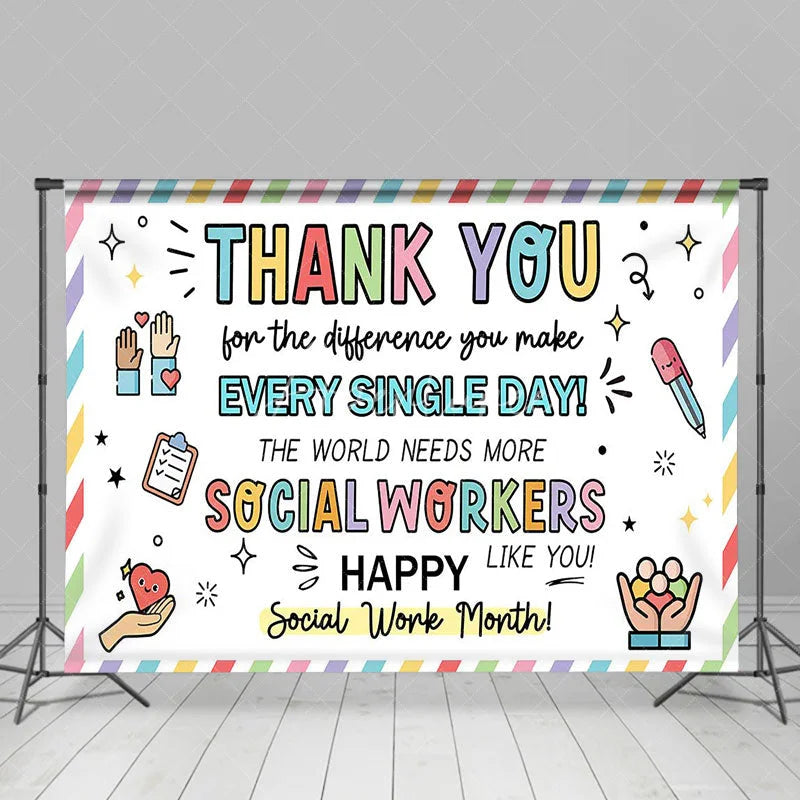 Aperturee - Aperturee Happy Social Work Month Backdrop Thank You Social Workers Appreciation Background Doodle Office Party Decoration