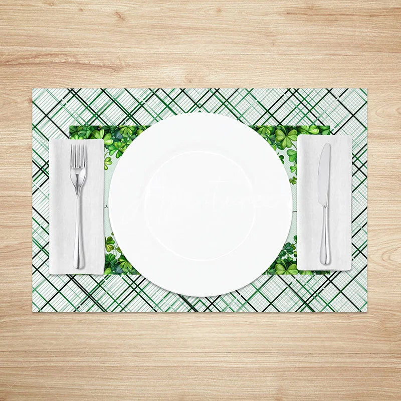 Aperturee - Aperturee Happy St. Patricks Day Plaid Set of 4 Placemats Clover Border and Green Tartan Dining Table Mats