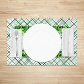 Aperturee - Aperturee Happy St. Patricks Day Plaid Set of 4 Placemats Clover Border and Green Tartan Dining Table Mats