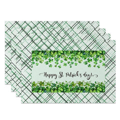 Aperturee - Aperturee Happy St. Patricks Day Plaid Set of 4 Placemats Clover Border and Green Tartan Dining Table Mats