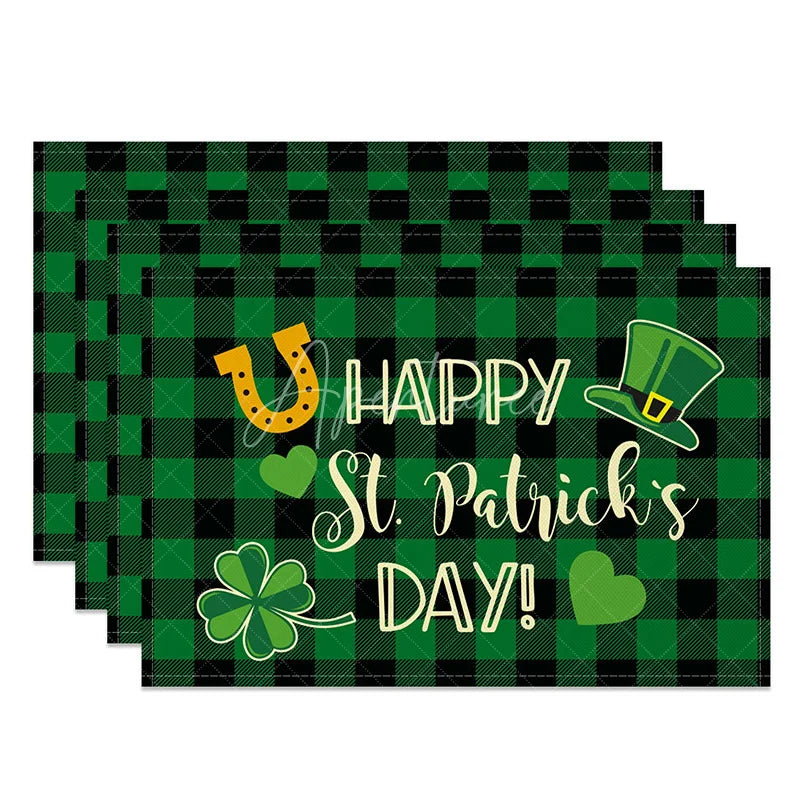 Aperturee - Aperturee Happy St. Patricks Day Set of 4 Placemats Leprechaun Hat and Shamrock Green Buffalo Plaid Table Mats