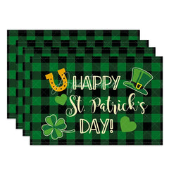 Aperturee - Aperturee Happy St. Patricks Day Set of 4 Placemats Leprechaun Hat and Shamrock Green Buffalo Plaid Table Mats