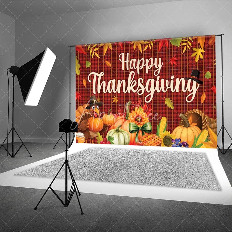 Aperturee - Aperturee Happy Thanksgiving Backdrop Autumn Fall Leaves Turkey Pumpkin Banner Red Plaid Harvest Party Photo Booth Props