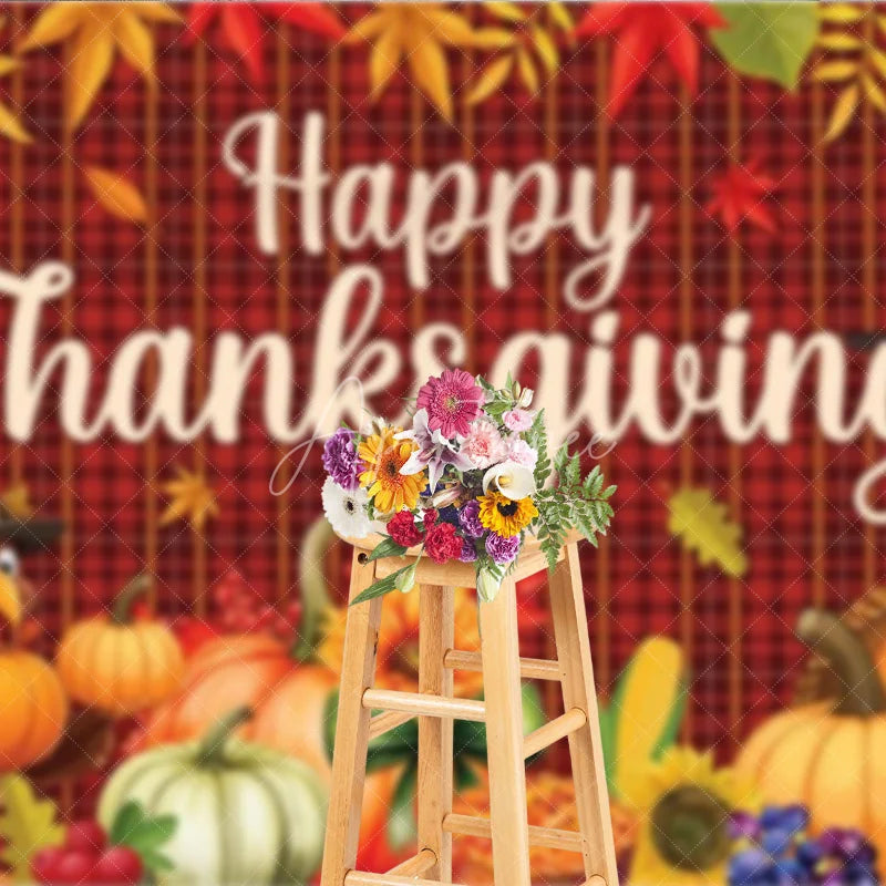 Aperturee - Aperturee Happy Thanksgiving Backdrop Autumn Fall Leaves Turkey Pumpkin Banner Red Plaid Harvest Party Photo Booth Props