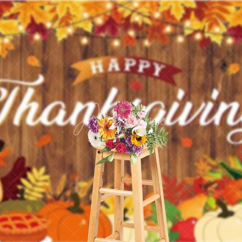 Aperturee - Aperturee Happy Thanksgiving Backdrop Rustic Wood Turkey Pumpkin Pie Photography Background