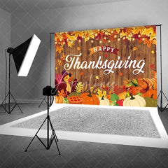 Aperturee - Aperturee Happy Thanksgiving Backdrop Rustic Wood Turkey Pumpkin Pie Photography Background