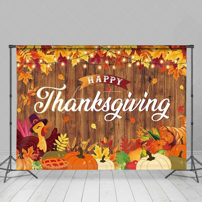 Aperturee - Aperturee Happy Thanksgiving Backdrop Rustic Wood Turkey Pumpkin Pie Photography Background