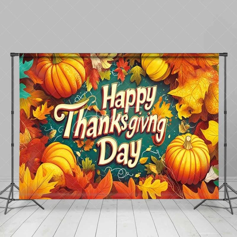 Aperturee - Aperturee Happy Thanksgiving Day Backdrop Autumn Pumpkin Maple Leaves Photography Background