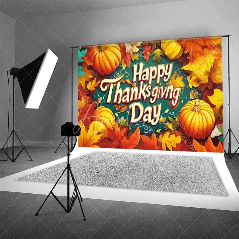 Aperturee - Aperturee Happy Thanksgiving Day Backdrop Autumn Pumpkin Maple Leaves Photography Background