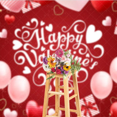 Aperturee - Aperturee Happy Valentines Day Backdrop Red Balloons Gift Box White Typography Background Romantic Love Party Photo Studio Prop