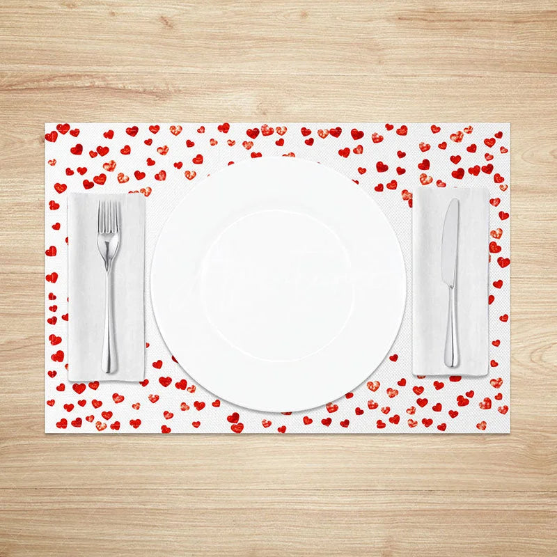 Aperturee - Aperturee Happy Valentines Day Set of 4 Placemats Scattered Red Glitter Hearts Table Mats for Romantic Holiday Party