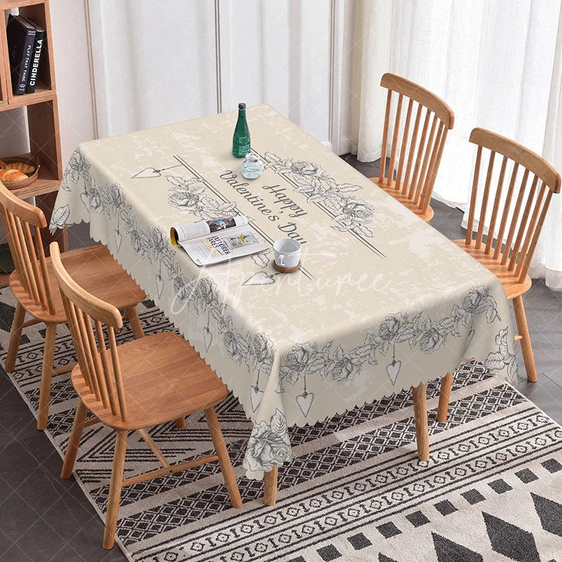 Aperturee - Aperturee Happy Valentines Day Sketch Rose Rectangle Tablecloth Beige Grunge Floral Text Farmhouse Holiday Decor