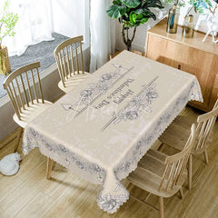 Aperturee - Aperturee Happy Valentines Day Sketch Rose Rectangle Tablecloth Beige Grunge Floral Text Farmhouse Holiday Decor