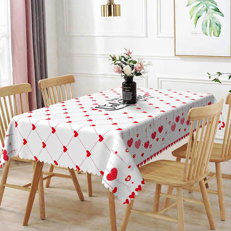 Aperturee - Aperturee Happy Valentines Day Text Rectangle Tablecloth Red Hanging Heart Grid Festive Holiday Dining Decor