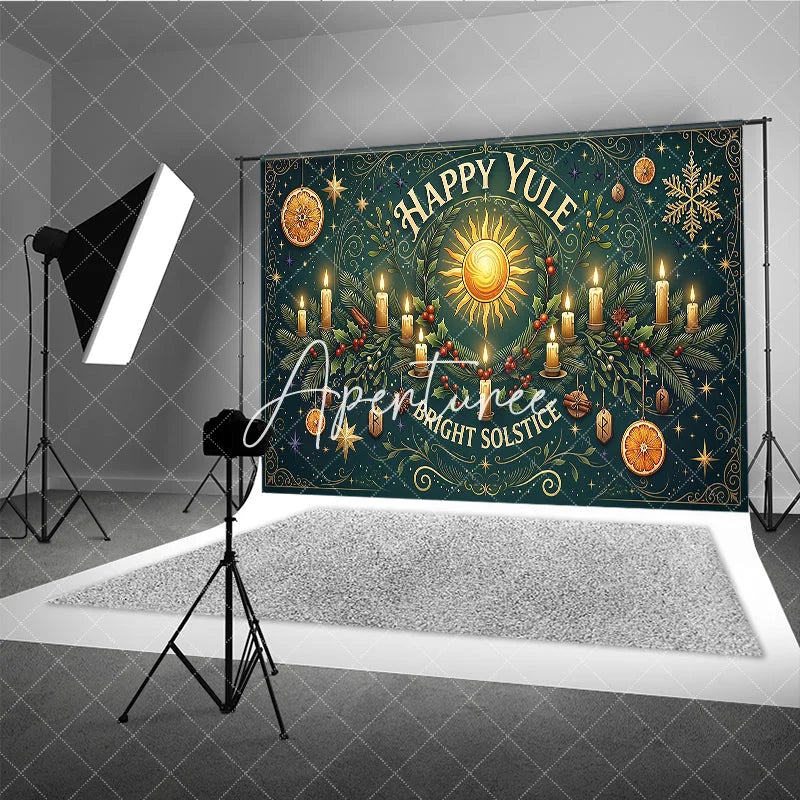 Aperturee - Aperturee Happy Yule Bright Solstice Sun and Candles Winter Holiday Backdrop Festive Greenery with Gold Stars and Oranges
