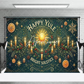 Aperturee - Aperturee Happy Yule Bright Solstice Sun and Candles Winter Holiday Backdrop Festive Greenery with Gold Stars and Oranges