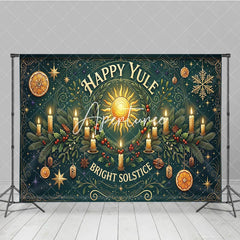 Aperturee - Aperturee Happy Yule Bright Solstice Sun and Candles Winter Holiday Backdrop Festive Greenery with Gold Stars and Oranges