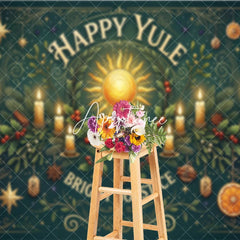 Aperturee - Aperturee Happy Yule Bright Solstice Sun and Candles Winter Holiday Backdrop Festive Greenery with Gold Stars and Oranges
