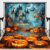 Aperturee - Aperturee Haunted Castle on Halloween Night Combo Set Backdrop Spooky Pumpkins on Floor Cartoon Horror Photo Shoots
