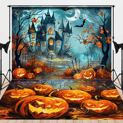 Aperturee - Aperturee Haunted Castle on Halloween Night Combo Set Backdrop Spooky Pumpkins on Floor Cartoon Horror Photo Shoots