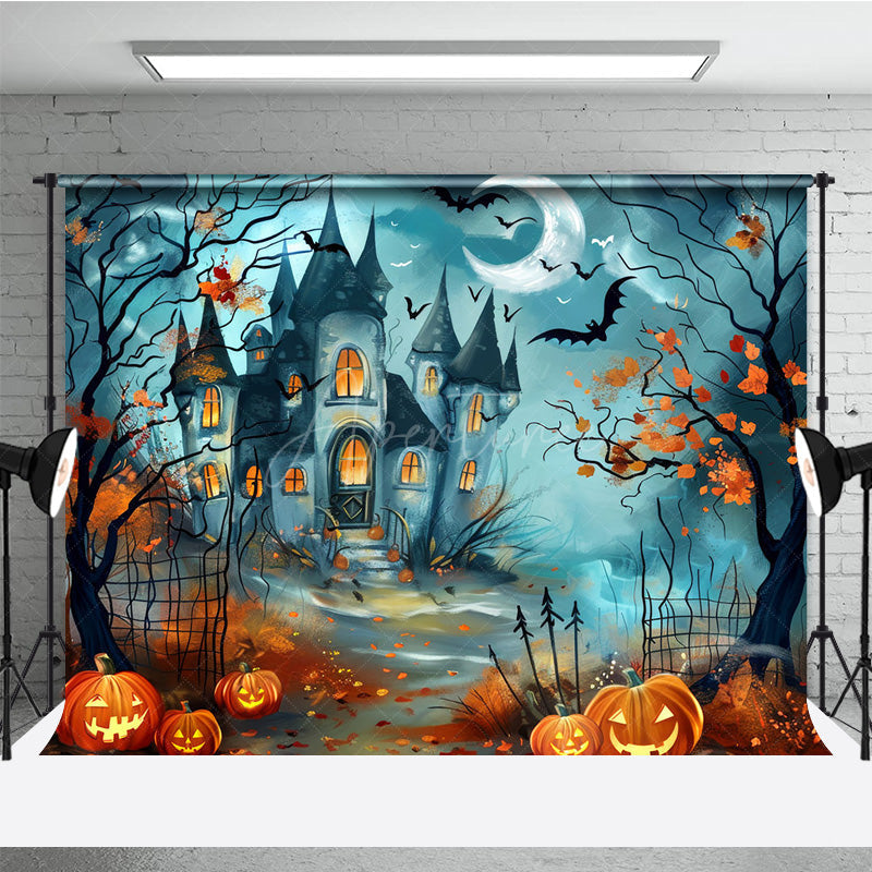 Aperturee - Aperturee Haunted Castle on Halloween Night Combo Set Backdrop Spooky Pumpkins on Floor Cartoon Horror Photo Shoots