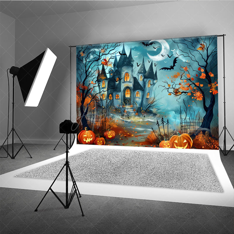 Aperturee - Aperturee Haunted Castle on Halloween Night Photography Backdrop Spooky Pumpkins and Bats Fairytale Horror Photo Shoots