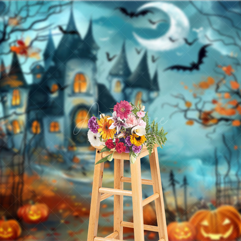 Aperturee - Aperturee Haunted Castle on Halloween Night Photography Backdrop Spooky Pumpkins and Bats Fairytale Horror Photo Shoots