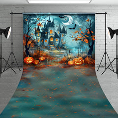 Aperturee - Aperturee Haunted Castle on Halloween Night Sweep Backdrop Spooky Pumpkins and Bats Fairytale Horror Photo Shoots