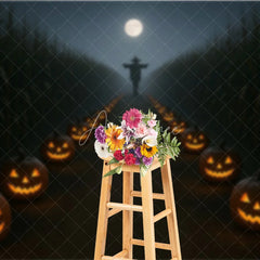 Aperturee - Aperturee Haunted Cornfield Photography Backdrop Spooky Scarecrow and Jack-o-lanterns Halloween Night Photo Background