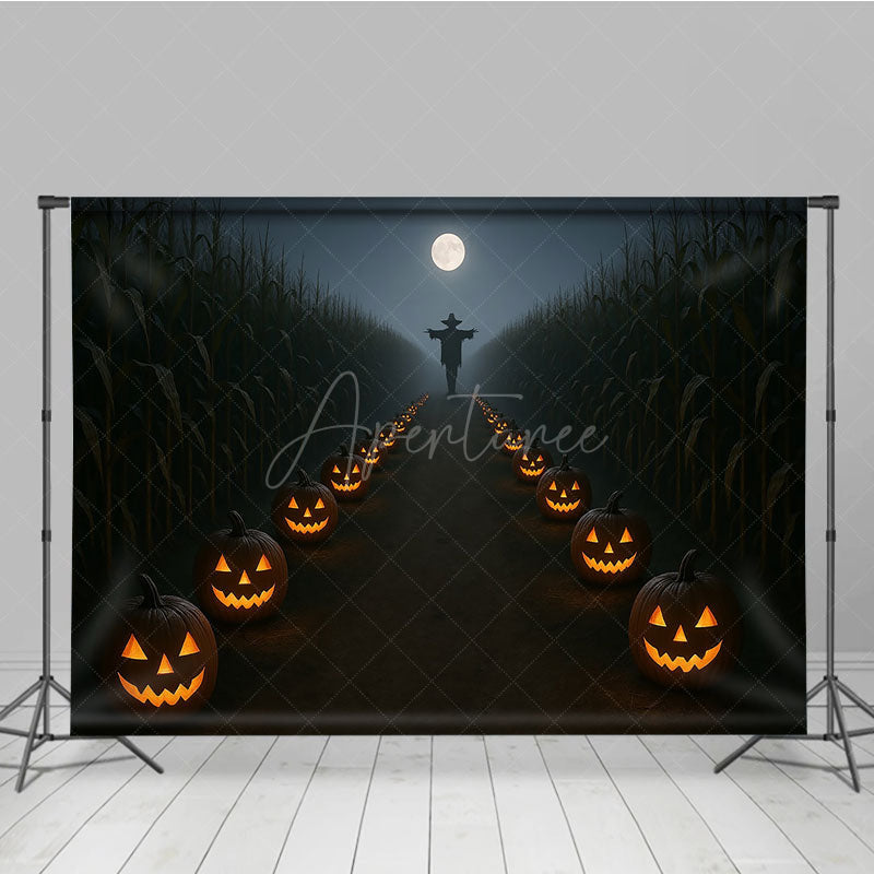 Aperturee - Aperturee Haunted Cornfield Photography Backdrop Spooky Scarecrow and Jack-o-lanterns Halloween Night Photo Background