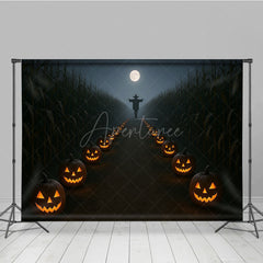 Aperturee - Aperturee Haunted Cornfield Photography Backdrop Spooky Scarecrow and Jack-o-lanterns Halloween Night Photo Background