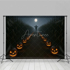 Aperturee - Aperturee Haunted Cornfield Photography Backdrop Spooky Scarecrow and Jack-o-lanterns Halloween Night Photo Background