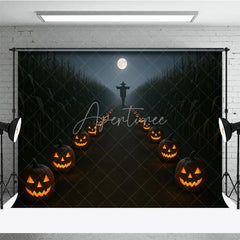 Aperturee - Aperturee Haunted Cornfield Photography Backdrop Spooky Scarecrow and Jack-o-lanterns Halloween Night Photo Background