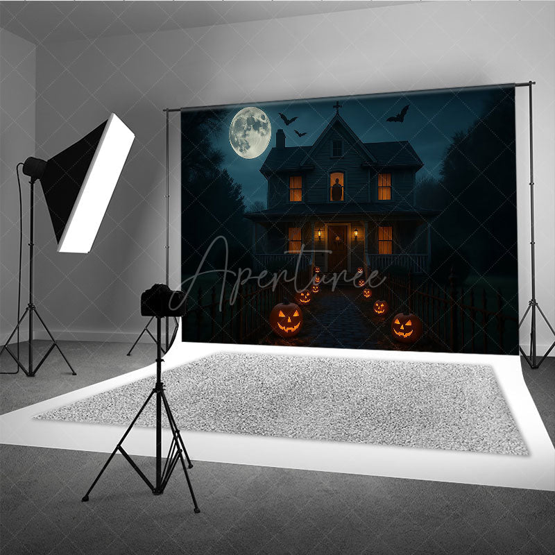 Aperturee - Aperturee Haunted House at Night Photography Backdrop Spooky Full Moon with Jack-o-lanterns Halloween Party Decor