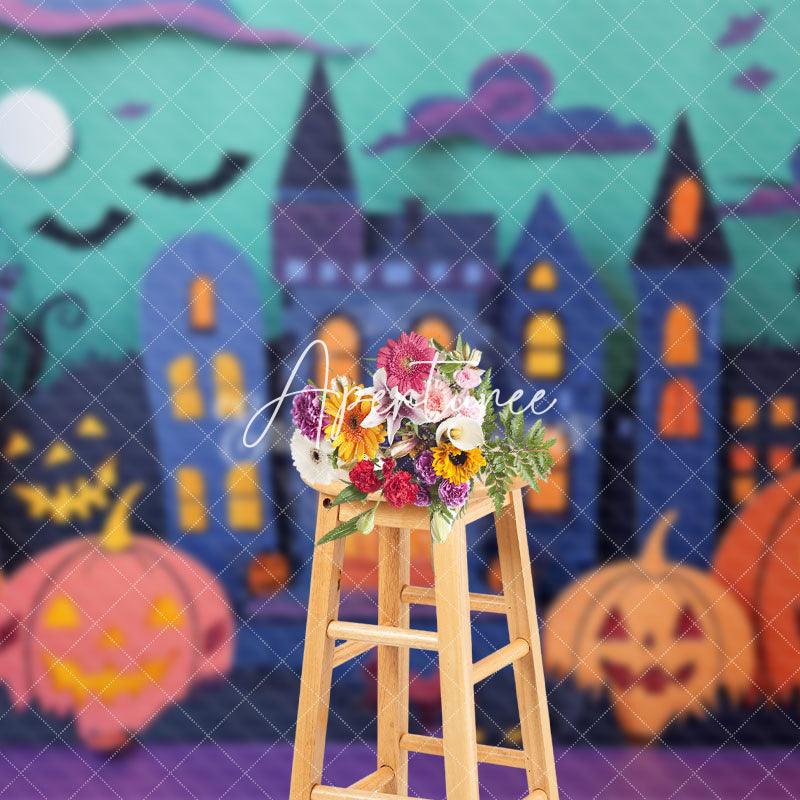 Aperturee - Aperturee Haunted House Pumpkin Halloween Night Photo Backdrop